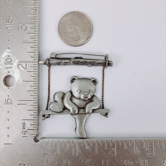 VTG Signed JJ Teddy Bear On Swing Pewter Tone Figural Brooch 1980s Cute Adorable - Picture 9 of 9